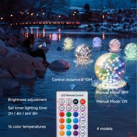 Solar Pool Lights, 4 Pcs 14.5" Floating Balls IP67 Waterproof Inflatable Solar Powered Lights, Timer 16 Colour with Remote Control for Pool Snowy Beach Yard Wedding Party Night Decor