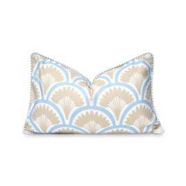 Hofdeco Premium Coastal Patio Indoor Outdoor Lumbar Pillow Cover Only, 12"x20" Water Repellent for Backyard, Couch, Baby Blue Tan Print Tropical Ravenala Palm Tree