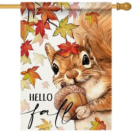 Covido Hello Fall Squirrel Decorative House Flag, Autumn Maple Leaves Acorn Garden Yard Outside Decorations, Seasonal Burlap Outdoor Large Home Decor Double Sided 28 x 40