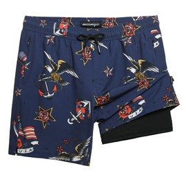 maamgic Mens Swim Trunks with Compression Liner 7" Bathing Suit Quick Dry Swimming Trunks for Men with Zipper Pockets Navy Blue Eagle M