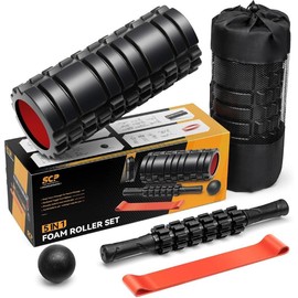 5 in1 Foam Roller Set, Trigger Point Foam Rollers, Massage Roller Stick, Massage Ball, Resistance Band for Deep Muscle Massage Pilates Yoga,Fitness Exercise for Whole Body (Black-Red) Comfort Body Care - Color: purple