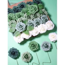 Jdsour 25pcs Artificial Flower，Real Looking Foam Roses w/Stem for DIY Wedding Bouquets Centerpieces Bridal Shower Party Decor-Shades of Army Green