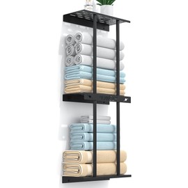 Canyave Wall Towel Racks for Bathroom, Wall Mount Towel Rack Towel Storage for Bathroom, Rolled Towel Rack with Shelf for Small Bathrooms, Black