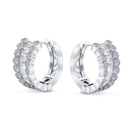 Bridal AAA CZ Emerald Cut Bezel Set Milgrain Edge Cubic Zirconia Mini Hoop Huggie Earrings For Women Wedding Prom Holiday Formal Party Silver Plated 0.5 Inch Diameter