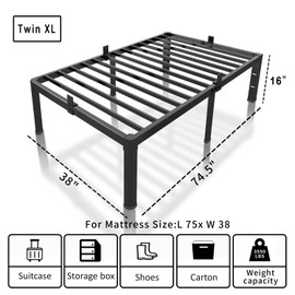 ROIL 16 inch Metal Twin XL Bed Frame with Rounded Corner and Headboard Hole Mattress Retainers 3500LBS Heavy Duty Steel Slats No Box Spring Needed Platform Noise-Free Easy Assembly