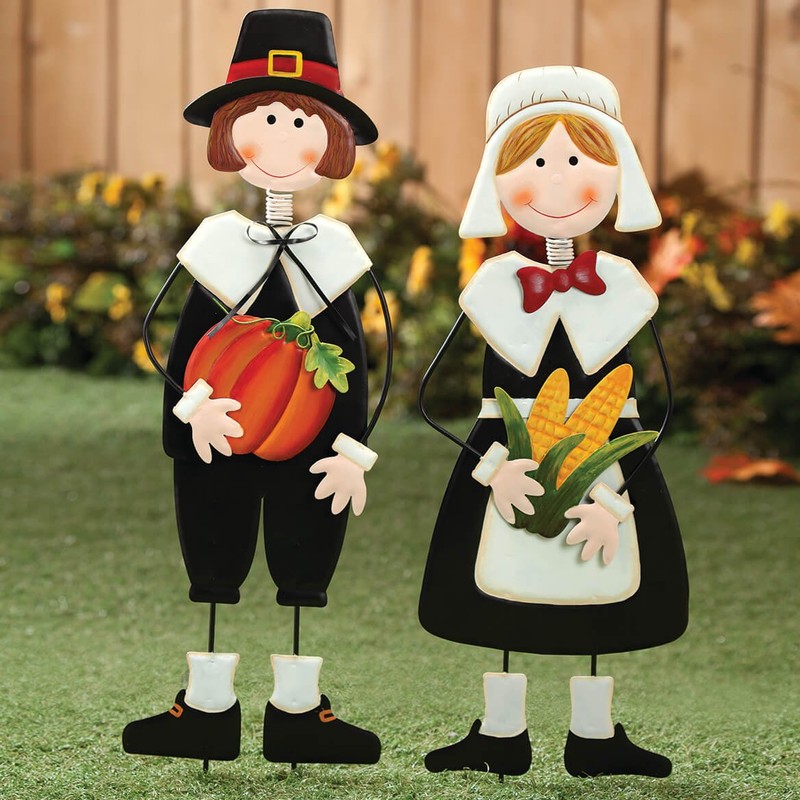 Miles Kimball Pilgrim Boy and Girl Metal Lawn Stakes Set