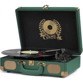 Vinyl Record Player Bluetooth Turntable 3-Speed Suitcase Portable Vintage Belt-Driven Record Player with Built-in Speakers RCA Line Out AUX in Headphone Jack Dark Hunter Green