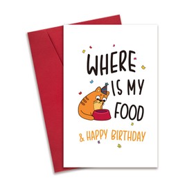 RollupJoy Cute Cat Birthday Card for Cat Owner, Funny Cat Birthday Gifts for Husband Wife, Hilarious Birthday Greeting Card for Cat Mom or Cat Dad, Where Is My Food & Happy Birthday Card