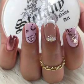 BFY Valentines Day Press on Nails Short Square Fake Nails, white French Champagne Hearts Foil with Rhinestones Acrylic Nails Set Stick Glue on Nails, False Nails Nail Accessories Decorations 24 Pcs