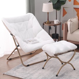 Tiita Saucer Chair with Ottoman, Soft Faux Fur Oversized Folding Accent Chair,Lounge Lazy Chair, Metal Frame Moon Chair for Bedroom, Living Room, Dorm Rooms, Garden and Courtyard
