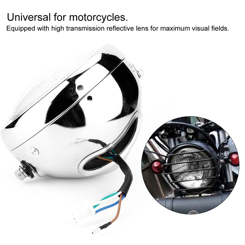 Universal Motorcycle Retro Silver Shell White Lens Headlamp Front Headlight