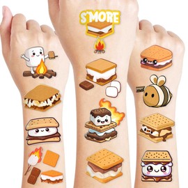 100 PCS Smores Temporary Tattoos Campfire Birthday Party Decorations Favors Supplies Camping Themed Stickers 10 Sheets Gifts for Kids Girls Boys Decor Class School Carnival Christmas