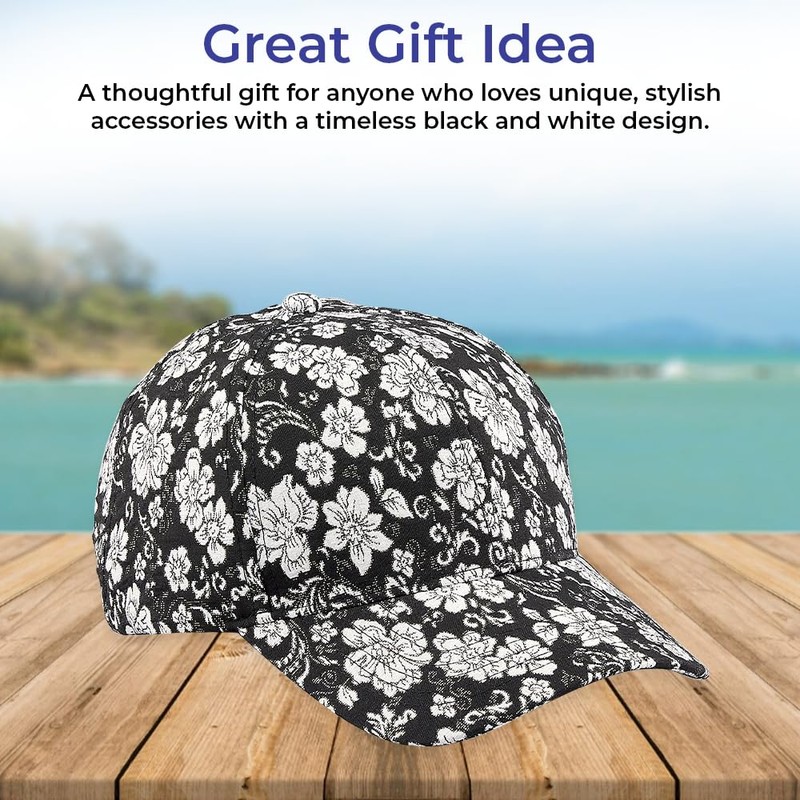 Black and White Floral Metallic Baseball Cap, Blossom Flower Print