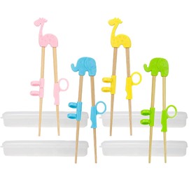 WiDream 4 Pairs of Chopsticks for Children, Training Chopsticks, Wooden Chopsticks for Children, Animals Learning Sticks, with Transparent Storage Box, Suitable for Beginners, Baby