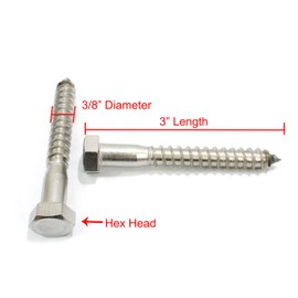 Bolt Dropper 3/8" x 3" Stainless Hex Head Lag Bolt Screws, (25 Pack), 304 (18-8) Stainless Steel Coach Bolts/Large Screws for Wood with Plain Finish by Bolt Dropper