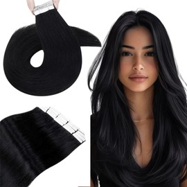 Hetto Tape in Hair Extensions Human Hair Black Tape in Hair Extensions for Women Jet Black Real Hair Tape in Extensions Real Human Hair Seamless Tape in Real Hair Extensions 16 Inch 50g 20 Pcs