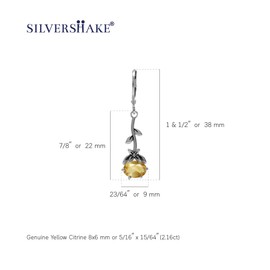 Silvershake Genuine Gemstones 925 Sterling Silver Flower and Leaf Vintage Inspired Leverback Drop Dangle Earrings Jewelry for Women, Sterling Silver Amber Stone, genuine yellow citrine,
