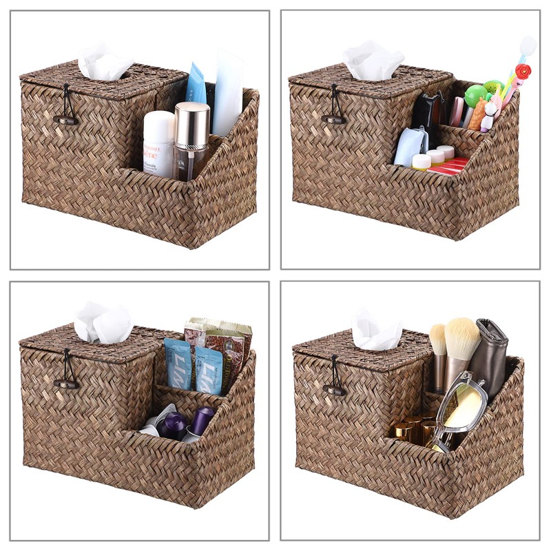 BTSKY Household Seagrass Facial Tissue Box With Two Side Storage