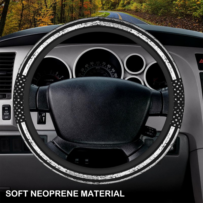 Black White American Flag Elastic Steering Wheel Cover, Non-Slip Breathable