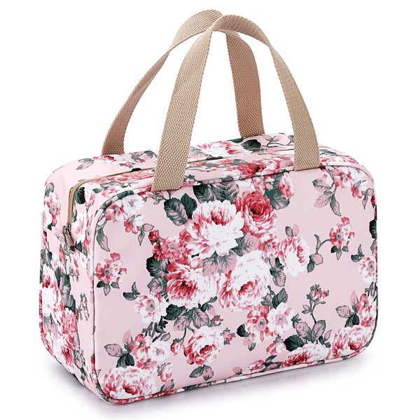 IGNPION Woman Large Travel Toiletry Bag Waterproof Wash Bag Make up Organizer Bag Cosmetic Bag Swimming Gym Bag (Pink Flower)