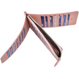 Womens Leather Credit Card Holder Wallet Purse RFID Trifold Thin Zipper Wallet (Pink)