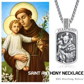 KINGWHYTE Saint Anthony Necklace 925 Sterling Silver Catholic Pendant Amulet Jewelry Religious Gifts for Men with Stainless Steel Pearl Chain 22+2inch(60cm)
