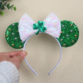Mouse Ears Headbands, St. Patrick's Day Sequin Green Mouse Ears Hair Band for Women Girls Boys Party, Shiny Bow Headband for Clover Cosplay Costume Party Decorations Hair Accessories (Lucky Shamrock)