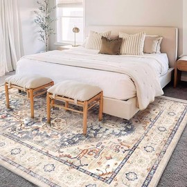 CHAMPLANT CHAMPLANT Area Rug 5'x7' Blue Khaki Washable Vintage Traditional Floor Cover Thin Retro Kitchen Indoor Distressed Non Slip Carpet Floral Print Mat for Living Room Bedroom Dining Room