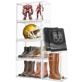 5 Pack Extra Large Acrylic Display Case, XXX-Large Boot Shoe Box, Clear Storage Organizer Stackable Handbag Purse Collectibles Case for Closet, 5 Display Boxes with 2 Black Shoe Bags