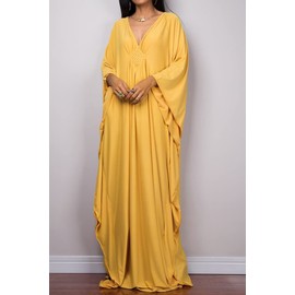 LikeJump Women's Boho Kimono Long Kaftan Dress Beach Dresses Cardigan Pareo Bikini Cover Ups, Yellow