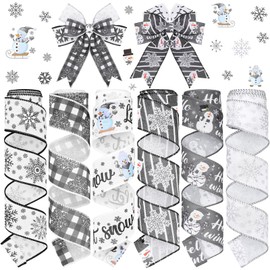 6 Rolls 30 Yard Winter Wired Ribbon 2 Inch Snowflake Snowman Ribbon Winter Swirl Burlap Wonderland Gift Wrapping Thread for Tree Topper Wreath DIY Craft Bow Decor(Snowflake,Grey, White)