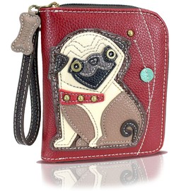 CHALA Zip Around Wallet, Wristlet, 8 Credit Card Slots, Sturdy Pu Leather - Pug - Burgundy