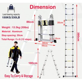 12.4 Feet Aluminium Telescopic Ladder Extension Portable EN131 Standards Folding Steps Ladder Max Load 150kg - 3.8m (1.9m+1.9m)