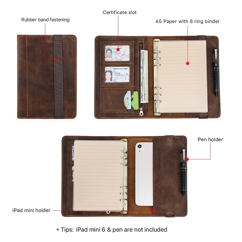 Contacts Full Grain Leather A5 Binder Portfolio 6 Ring Binder