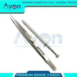 Avon Surgical Set of 2pcs Jewelry Making & Repair Tweezers with Fine Serrated Tips, Gemstone Holding Plunger Tool | German Stainless Steel Jewelers Tools