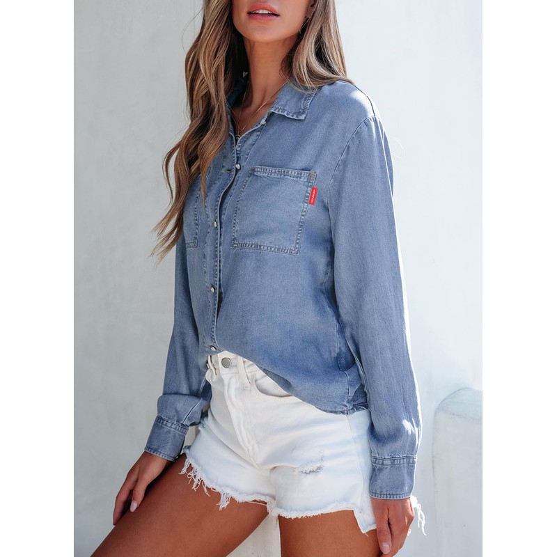 Sidefeel Women's Denim Shirts Button Down Jean Shacket Spring Outfit