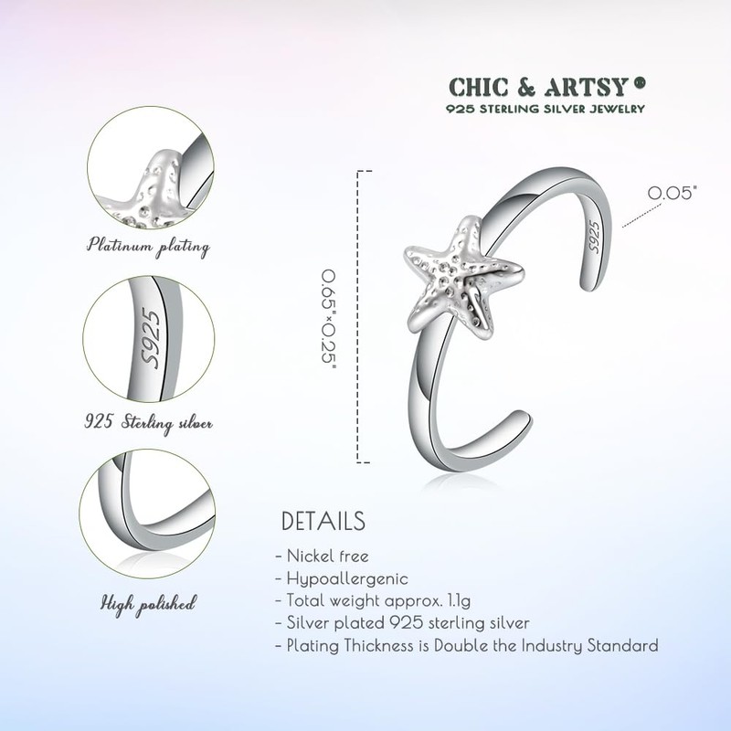 CHIC & ARTSY 925 Sterling Silver Starfish Toe Rings for