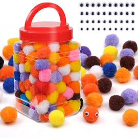 MORFEN 300 Pcs 1 Inch Pom Poms with 100 pcs Wiggle Eyes (5/6/7/8 mm), Assorted Colors Pom Poms for Crafts, Puff Balls Pompoms in Jar for Making Decorations DIY Craft Supplies