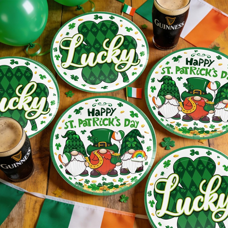 St. Patrick's Day Party 9 Inch Plates Green Shamrocks Gnomes