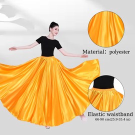 Aumulen Women Satin Full Circle Ankle Length Swing Long Skirt Belly Dance Costume for Stage Performance (360 Degree, Yellow)