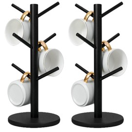 AKOLAFE Pack of 2 Cup Holder Cup Rack Black Cup Stand with Thick Base 34 x 16 cm Cup Carrier Standing Pretzel Stand Cup Rack Wood with 6 Hooks Cup Holder Cabinet for Office Kitchen Table Top