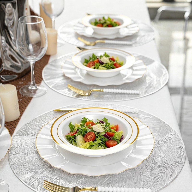 50 Pack 12oz Peal White Plastic Bowls with Gold Rim