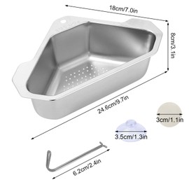 304 Stainless Steel Sink Drain Shelf, Sink Filter Tray, No Drilling Triangular Sink Strainer Basket with Suction Cup, Triangular Sink Filter Tray, for Kitchen Waste Filter, Vegetable Fruit Washing