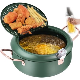 3.5L Stainless Steel Deep Fryer Pot 9.8in with 4 sets, Reduced Splashing Grate Japanese Tempura Thermometer Frying Pot (Deep Fryer+Chopsticks+Oil-Bottle)