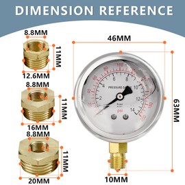 Innfeeltech 1-Pcs 40 mm Pressure Gauge BSP 1/8 Inch 0-14 Bar 0 ~ 200 Psi with 3 Pieces Socket 1/8 Inch to 1/4 Inch, 1/8 Inch to 3/8 Inch and 1/8 Inch to 1/2 Inch and Teflon Tape, Radial