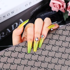 Deiksuir Extra Long Press on Nails Rhinestones Yellow and Green Gradient Fake Nails with Designs Full Cover Stick on Nails Glossy Artificial False Nails with Glue on Nails for Women 24ps