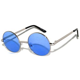 Round Retro Vintage Circle Tinted Sunglasses Metal Silver Frame Blue Lens 43mm