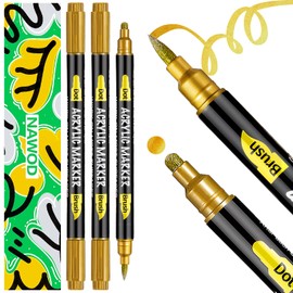 NAWOD 3 Gold Acrylic Paint Pens, Dual Tip Acrylic Paint Markers (Dot Tip + Brush Tip), Acrylic Markers for Rock, Fabric, Canvas, Glass, Wood, Ceramic, Paper, DIY, Paint Markers for Kids and Adults