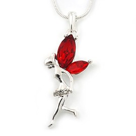 Avalaya Delicate Garnet Coloured CZ Fairy Pendant Necklace/Rhodium Plating/ 42cm L/ 5cm Ext-January Birth Stone