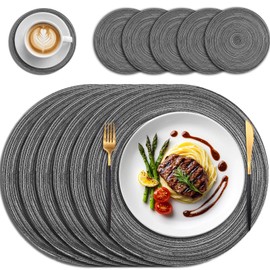 Neween Round Braided Placemats Set of 6 Table Mats for Dining Tables Woven Washable Non-Slip Place Mats 13 inch, Heat-Resistant Easy Clean Table Mats and 6 Coasters for Table Decor (Black-Grey)